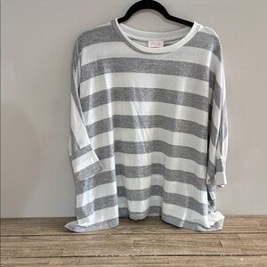 Pink Lily Gray and White Striped poncho style light weight sweater